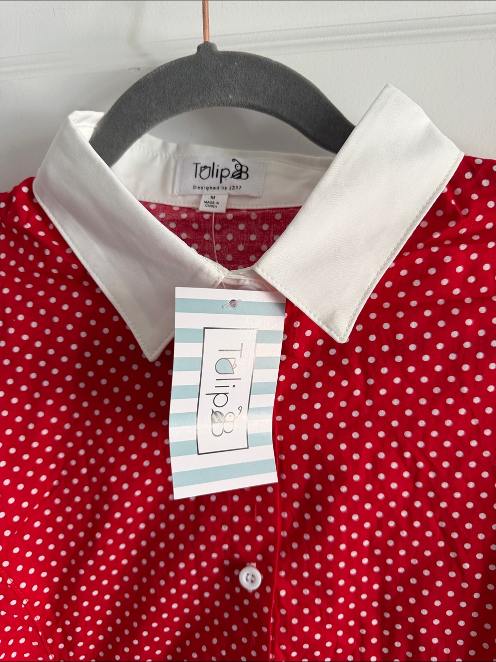 Tulip B Red Polka Dot Short-Sleeve Blouse with White Collar - Picture 4 of 6